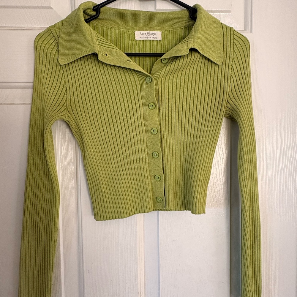 Green Ribbed Long Sleeve Crop Top